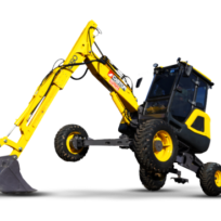 Castor C50 Super Walter – mini excavadora compacta amarilla y negra con brazo hidráulico y balde, maquinaria vial