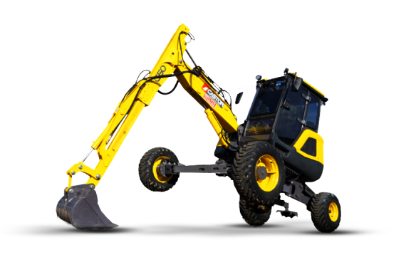Castor C50 Super Walter – mini excavadora compacta amarilla y negra con brazo hidráulico y balde, maquinaria vial