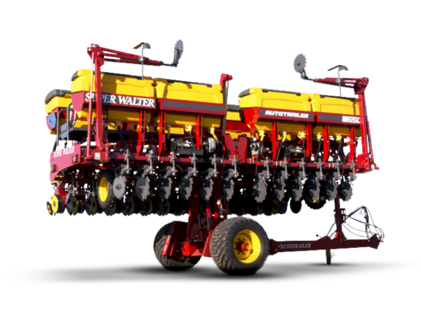 Sembradora de grano fino W650 Autotrailer Super Walter – sistema de traslado con discos de siembra visibles, vista de perfil