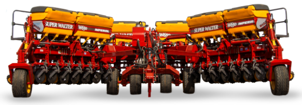 Sembradora de grano fino W650 Imperial Super Walter – dos unidades con tolvas amarillas y bastidor rojo, siembra directa