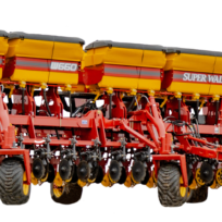 Sembradora de grano fino W660 Super Walter – conjunto triple con tolvas amarillas y discos de siembra, vista lateral