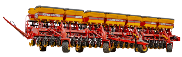 Sembradora de grano fino W660 Super Walter – conjunto triple con tolvas amarillas y discos de siembra, vista lateral