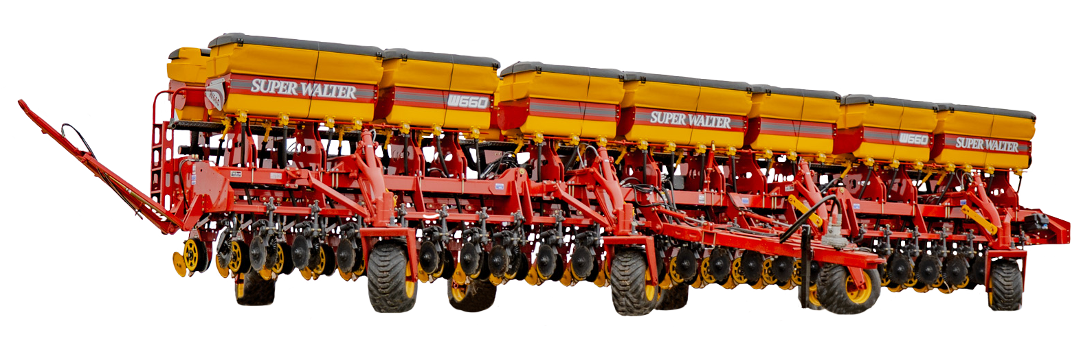 Sembradora de grano fino W660 Super Walter – conjunto triple con tolvas amarillas y discos de siembra, vista lateral