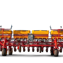 Sembradora de grano fino W650 Super Walter – vista frontal con tolvas amarillas y múltiples cuerpos de siembra en bastidor rojo
