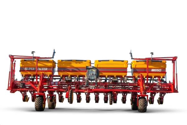 Sembradora de grano fino W650 Super Walter – vista frontal con tolvas amarillas y múltiples cuerpos de siembra en bastidor rojo