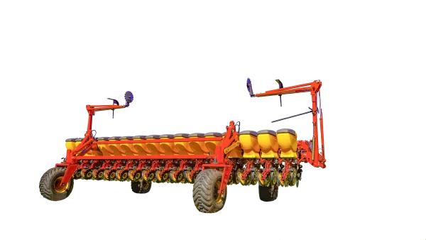 Sembradora de grano fino W630 Super Walter – tolvas individuales amarillas y discos de siembra en bastidor rojo, vista lateral